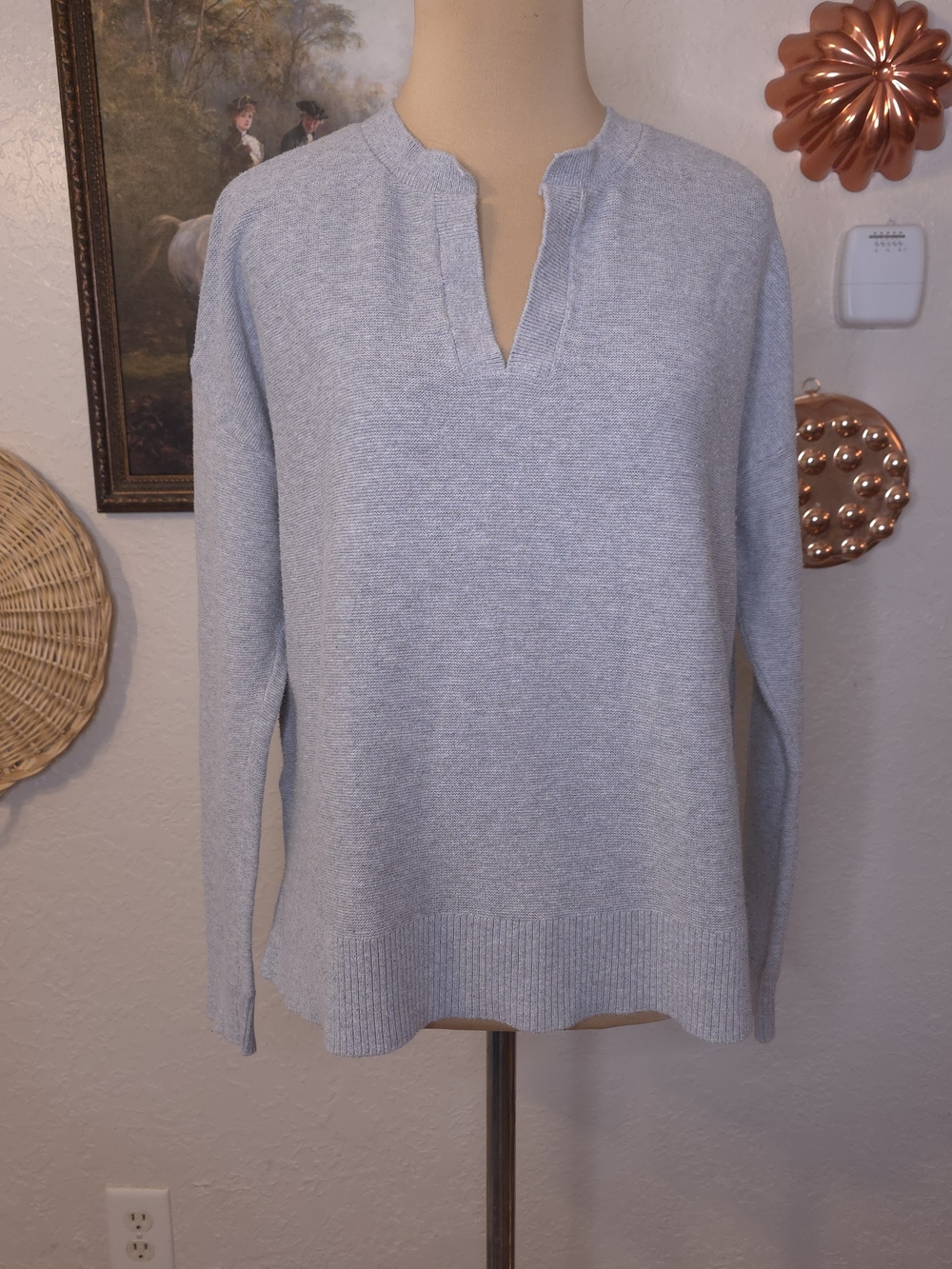 LOFT Light Gray Split Neck Pullover Sweater Size Medium Coastal Preppy